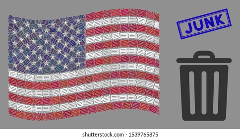 Trash bin items are arranged into United States flag collage with blue rectangle distressed stamp seal of Junk text. Vector collage of America waving state flag is designed of trash bin items.