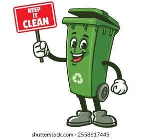 Trash Bin with keep it clean sign,  Cartoon Character Mascot Illustration Vector Clip-art Hand-drawn Logo Design