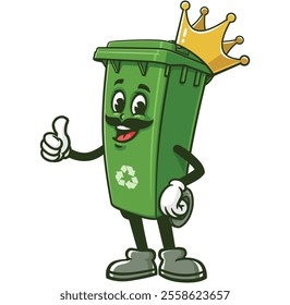 Trash Bin King,  Cartoon Character Mascot Illustration Vector Clip-art Hand-drawn Logo Design