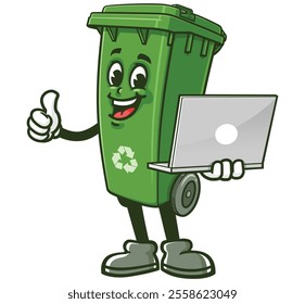 Trash Bin with laptop,  Cartoon Character Mascot Illustration Vector Clip-art Hand-drawn Logo Design