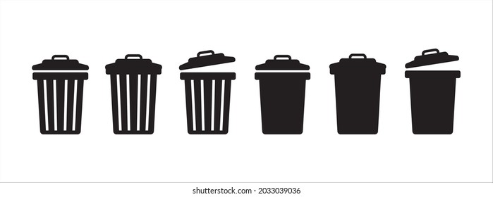 Trash bin with its lid icon set. Open trash bin vector sign.