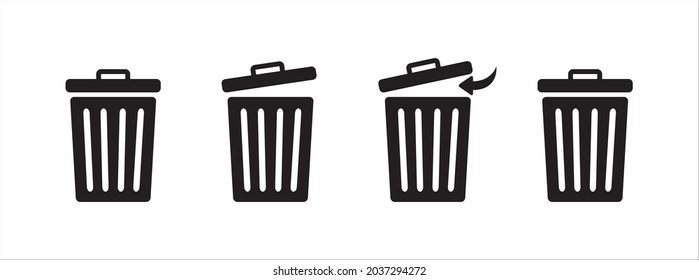Trash bin with its lid icon set. Open trash bin vector sign.