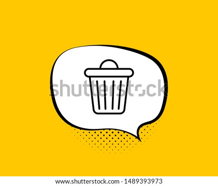 Trash bin line icon. Comic speech bubble. Garbage, waste sign. Delete, remove symbol. Yellow background with chat bubble. Trash bin icon. Colorful banner. Vector