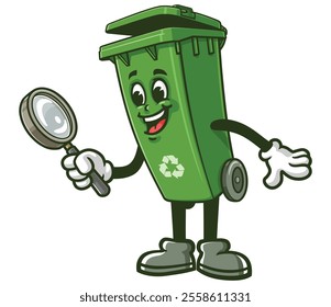 Trash Bin with magnifying glass,  Cartoon Character Mascot Illustration Vector Clip-art Hand-drawn Logo Design