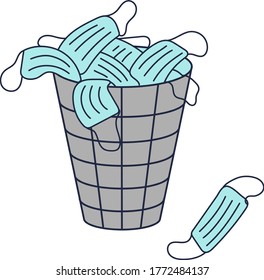 Trash bin with medical masks. Used discarded masks. Disposable mask into the trash. Bucket with face masks. Stylized flat vector illustration. Isolated on a white background. 