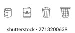 Trash bin metal icon set, soda can, hazardous barrel, classic lidded bin, mesh basket outline waste container vector illustration.