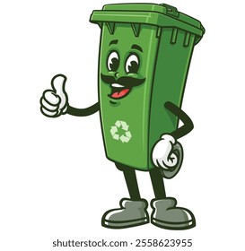 Trash Bin with mustache,  Cartoon Character Mascot Illustration Vector Clip-art Hand-drawn Logo Design