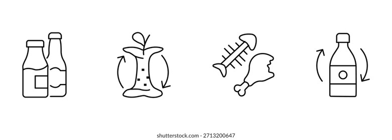 Conjunto de iconos orgánicos de papelera, reciclaje de botellas de vidrio, compost de núcleo de manzana, restos de huesos de alimentos, flechas de botellas de plástico delinean la Ilustración vectorial ecológica.