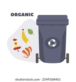 Trash bin for organic waste with food scraps and recycling symbol in a modern design