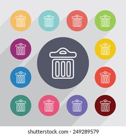 trash bin outline circle, flat icons set. Round colorful buttons 