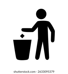 Trash bin and person throwing garbage icon, waste disposal flat vector symbol for public cleanliness and environmental awareness