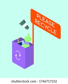 Trash bin with plastic bottles, cups and cans. Request for recycling. Recycling icon
