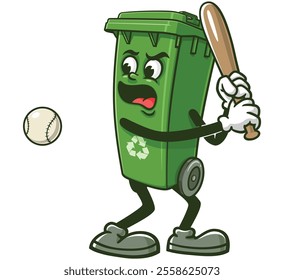 Trash Bin playing baseball,  Cartoon Character Mascot Illustration Vector Clip-art Hand-drawn Logo Design