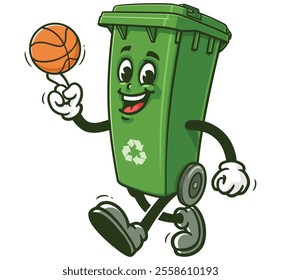 Trash Bin playing basketball,  Cartoon Character Mascot Illustration Vector Clip-art Hand-drawn Logo Design