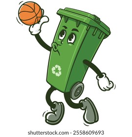 Trash Bin playing slam dunk basketball,  Cartoon Character Mascot Illustration Vector Clip-art Hand-drawn Logo Design