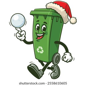 Trash Bin is playing snowballs and wearing a christmas hat,  Cartoon Character Mascot Illustration Vector Clip-art Hand-drawn Logo Design