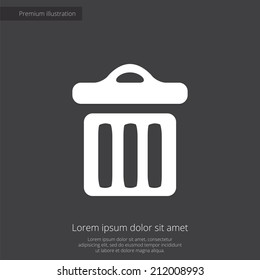 trash bin premium illustration icon, isolated, white on dark background, with text elements 