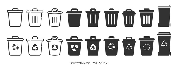 Trash bin and recycle icon set. Garbage, dustbin, basket, recycle and remove symbols on transparent background