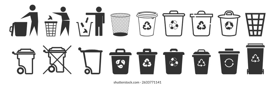 Trash bin and recycle icon set. Garbage, dustbin, basket, recycle and remove symbols on transparent background