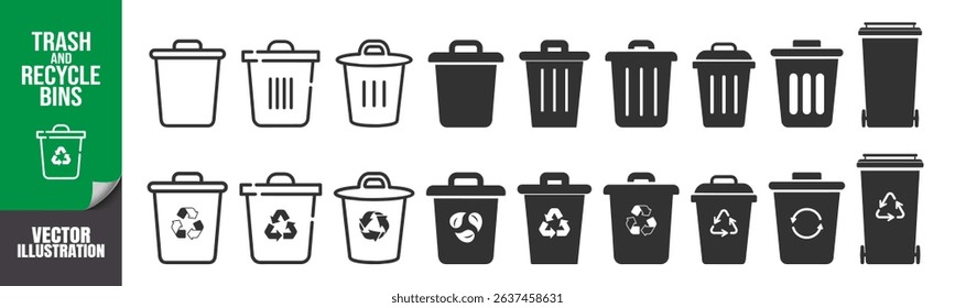 Trash bin and recycle icon set. Garbage, dustbin, basket, recycle and remove symbols on transparent background