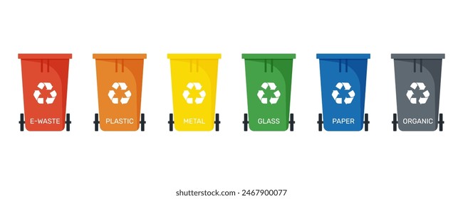 Trash bin with Recycle Symbol for different waste. Multicolored set of rubbish bins vector illustration