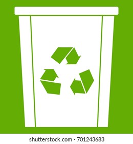 Trash bin with recycle symbol icon white isolated on green background. Vector illustration