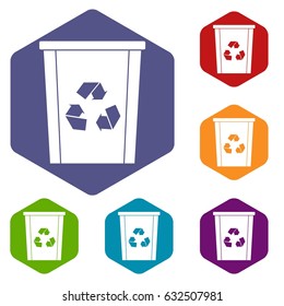 Trash bin with recycle symbol icons set hexagon isolated vector illustration