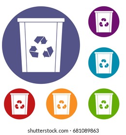 Trash bin with recycle symbol icons set in flat circle red, blue and green color for web