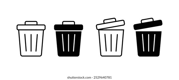 Trash bin or recycling, delete, remove icon vector. Dust bin or rubbish bin or dump place sign silhouette. Open lid, closed, throw away, rubbish, garbage, clean environment logo, symbol, label.