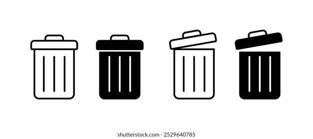 Trash bin or recycling, delete, remove icon vector. Dust bin or rubbish bin or dump place sign silhouette. Open lid, closed, throw away, rubbish, garbage, clean environment logo, symbol, label.