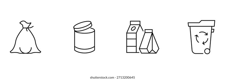 Conjunto de ícone de reciclagem de lixeira, saco de lixo, frasco de vidro, embalagem de cartão de papel, setas de lixeira com rodas delineiam a ilustração do vetor de gerenciamento mínimo de resíduos.