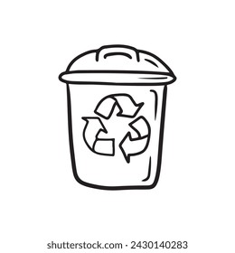 Trash bin with recycling sign with lid cover in black isolated on white. Hand drawn vector sketch doodle illustration. Concept of recycle plastic, save environment, pollution, sorting rubbish