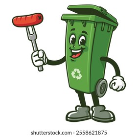 Trash Bin with sausage,  Cartoon Character Mascot Illustration Vector Clip-art Hand-drawn Logo Design