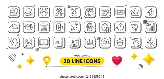 Trash bin, Send mail and Electricity line icons pack. 3d design elements. Return package, Bitcoin atm, Chemistry flask web icon. Money app, Get box, Book pictogram. Vector