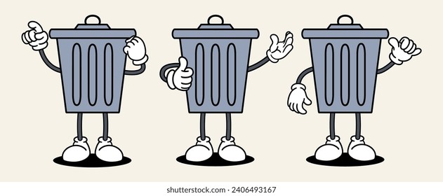 Trash bin set mascot of 70s groovy. Collection of cartoon,retro, groovy characters. Vector illustration.