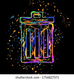trash bin. simple icon. Colored ink with splashes on black background