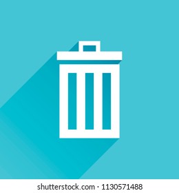 trash bin. simple icon. Gray icon with long shadow in bottom left corner on blue background