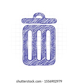 trash bin. simple icon. Hand drawn sketched picture with scribble fill. Blue ink. Doodle on white background