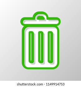 trash bin. simple icon. Paper style. Cut symbol with green bold contour on shape and simple shadow