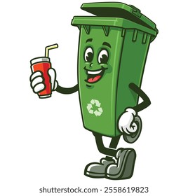 Trash Bin with soft drink,  Cartoon Character Mascot Illustration Vector Clip-art Hand-drawn Logo Design