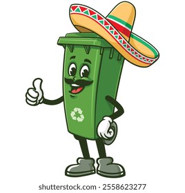 Trash Bin with sombrero,  Cartoon Character Mascot Illustration Vector Clip-art Hand-drawn Logo Design