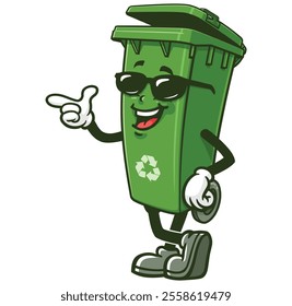 Trash Bin with sunglasses,  Cartoon Character Mascot Illustration Vector Clip-art Hand-drawn Logo Design