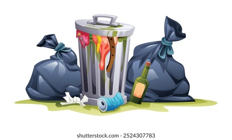 Trash bin surrounded by garbage bags and litter, with flies buzzing around, and trash on the ground. Vector cartoon illustration