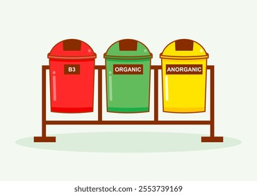 Trash Bin Three Colors Illustration. Red for B3. Green For Organic. Yellow For Anorganic