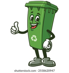 Trash Bin with thumb up pose,  Cartoon Character Mascot Illustration Vector Clip-art Hand-drawn Logo Design