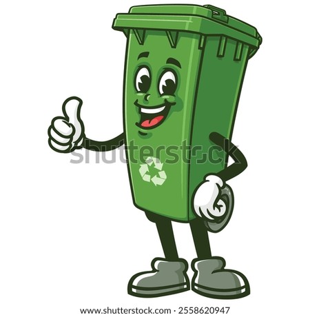 Trash Bin with thumb up pose,  Cartoon Character Mascot Illustration Vector Clip-art Hand-drawn Logo Design