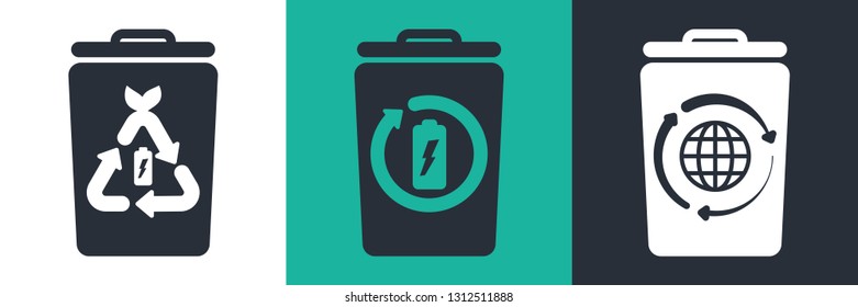Trash bin vector element with battery icon. Eco style flat logo. World pollution eco theme concept