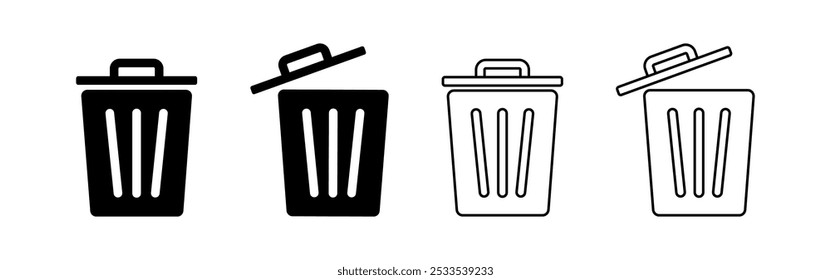 Trash Bin Vector Flat Black Icon on White Background. Solid and Linear Delete Symbol, Recycle Bin, Rubbish, Garbage.