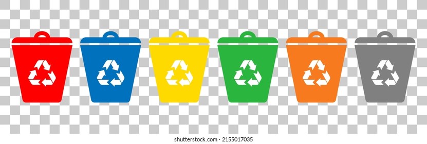Trash bin vector icon set.Trash can.Colorful recycle trash bucket.Dustbin icons.Recycling.Waste separation.Organic,plastic,glass,e-waste,metal,paper.