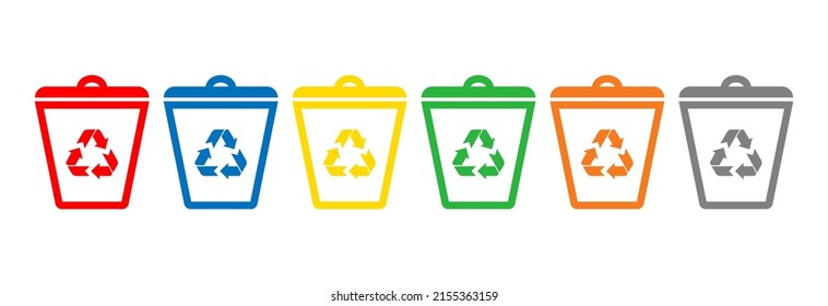 Trash bin vector icon set.Trash can.Colorful recycle trash bucket.Dustbin icons.Recycling.Waste separation.Organic,plastic,glass,e-waste,metal,paper.